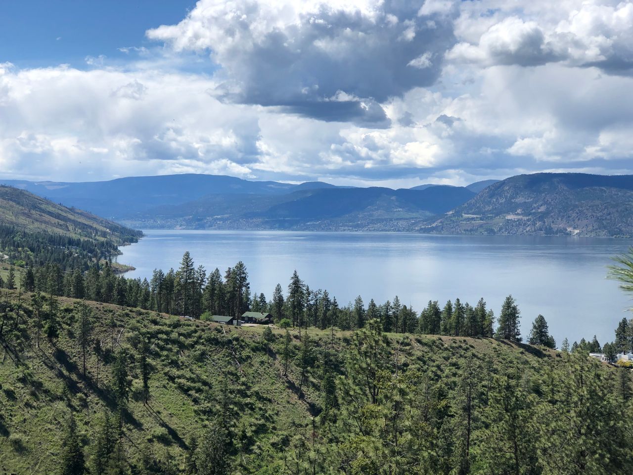 A beautiful landscape photograph of Okanagan Lake with lush greenery and dramatic clouds.
